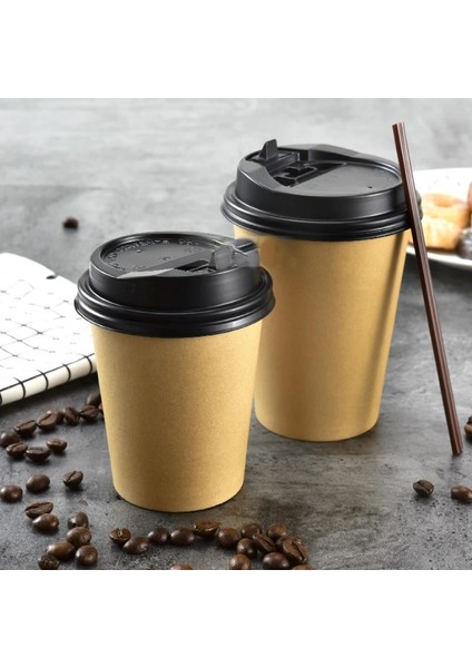 Siyah Şapka Stili 10 Parça 12OZ 400ML Kahve Karıştırma Çubuğu ve Kapaklı Tek Kullanımlık Kahve Kağıt Bardağı (Yurt Dışından)