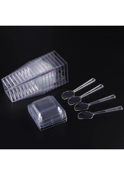 25 Takım 150ML Kare Jöle Bardak Kapaklı Kaşık Setleri Mini Tatlı Bardakları Mousse Bardak Seti Cake Shop Restaurant Bar Için (Rastgele Kaşık) (Yurt Dışından)