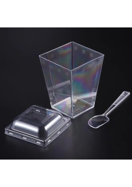 25 Takım 150ML Kare Jöle Bardak Kapaklı Kaşık Setleri Mini Tatlı Bardakları Mousse Bardak Seti Cake Shop Restaurant Bar Için (Rastgele Kaşık) (Yurt Dışından)