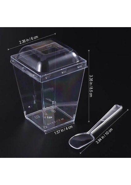 25 Takım 150ML Kare Jöle Bardak Kapaklı Kaşık Setleri Mini Tatlı Bardakları Mousse Bardak Seti Cake Shop Restaurant Bar Için (Rastgele Kaşık) (Yurt Dışından)
