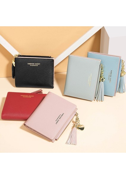 Carrken Kadın Kısa Kore Moda Dikey Çapraz Desen Püskül Fermuarlı Bozuk Para Cüzdanı Kredi Kartı Tutucu Pembe Yurt Dışından