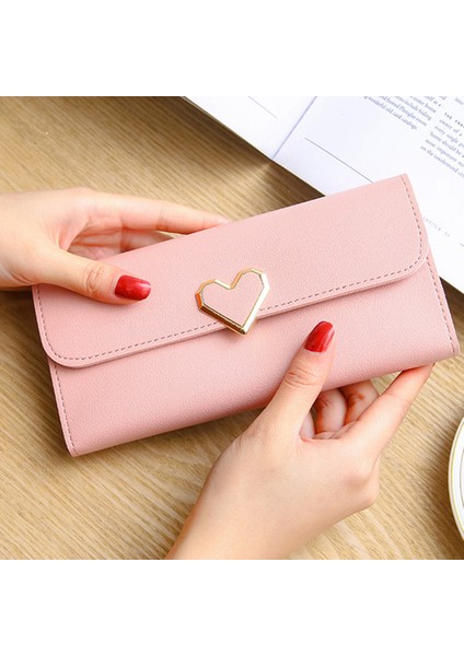 Microgood Kadınlar Düz Renk Şeftali Kalp Çoklu Kart Yuvası Bifold Uzun Cüzdan Çanta Nakit Çanta Yurt Dışından fiyatları