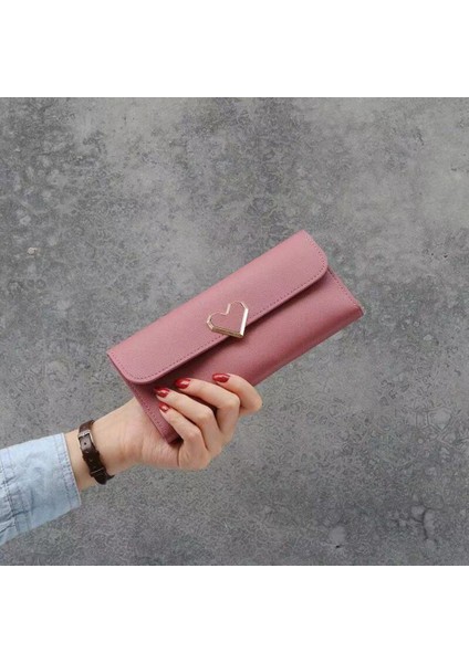 Microgood Kadınlar Düz Renk Şeftali Kalp Çoklu Kart Yuvası Bifold Uzun Cüzdan Çanta Nakit Çanta Yurt Dışından modelleri