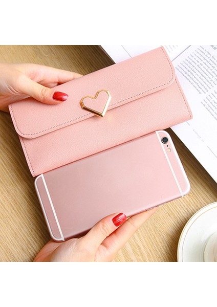 Microgood Kadınlar Düz Renk Şeftali Kalp Çoklu Kart Yuvası Bifold Uzun Cüzdan Çanta Nakit Çanta Yurt Dışından fırsatları