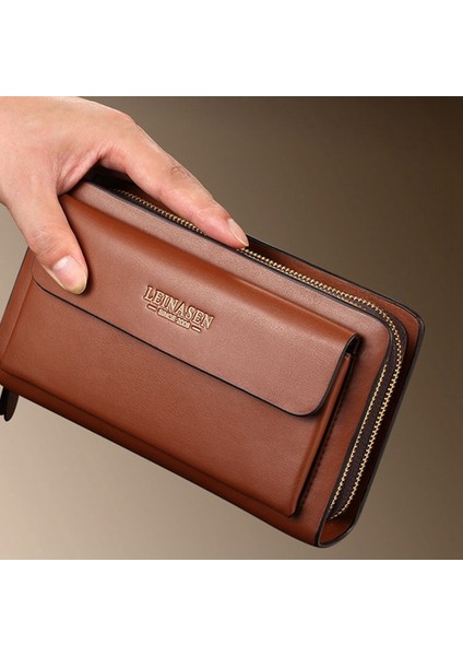 Leinasen Marka Erkek Cüzdan Para Cebi Fermuarlı Çift Fermuarlı Erkek Cüzdan Uzun Büyük Erkek Çanta Sikke El Çantası Kahverengi Yurt Dışından modelleri
