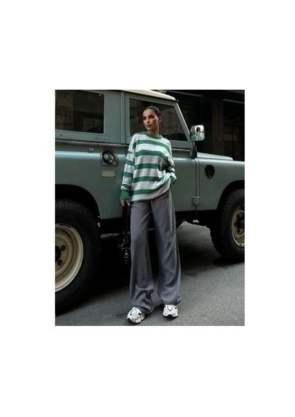 Yeşil Gri Çizgili Kadın Kazak indirimleri