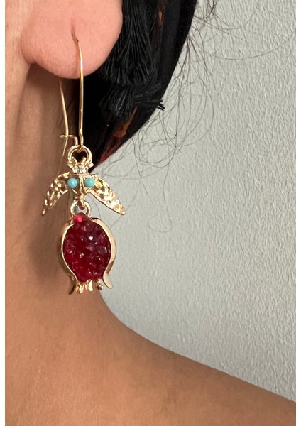 Altın Kaplamalı Bereket/bolluk/şanş Temalı Kırmızı Nar Küpe