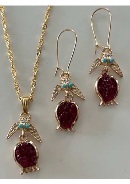 Altın Kaplamalı Bereket/bolluk/şanş Temalı Kırmızı Nar Küpe