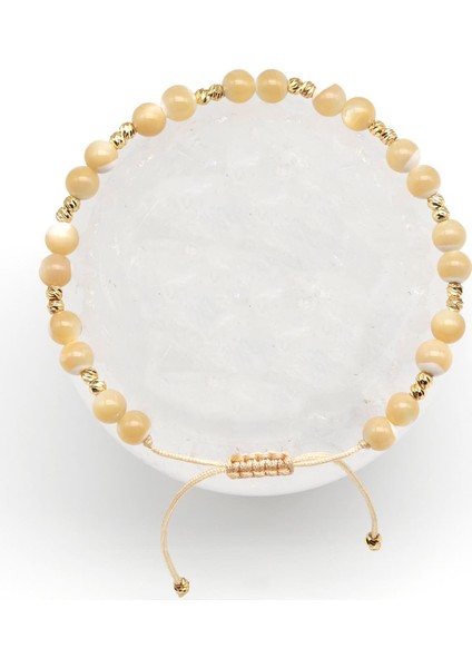 Esmer Sedef Doğal Taş Makrome Örme Bileklik Küre Kesim