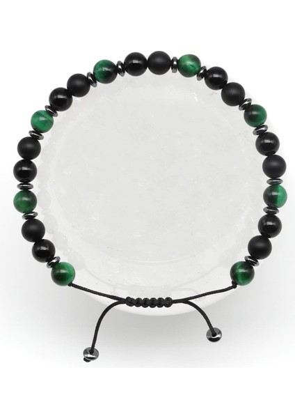 Oniks-Kaplan Gözü Doğal Taş Makrome Örme Bileklik Küre Kesim