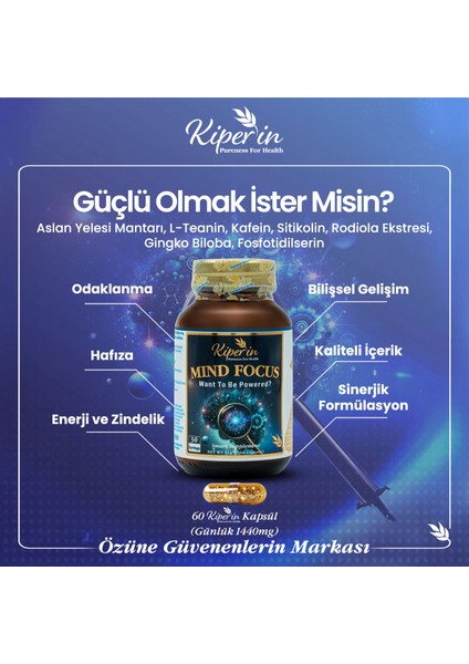 Mind Focus Aslan Yelesi Mantarı, Sitikolin, Rhodiola, L-Theanin .. (1440MG) | Akıllı Gıda Takviyesi