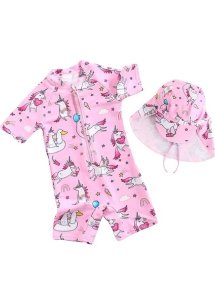 UPF50+ Pembe Unicorn Mavi Balon Desenli Kız Çocuk Şapka Mayo Set