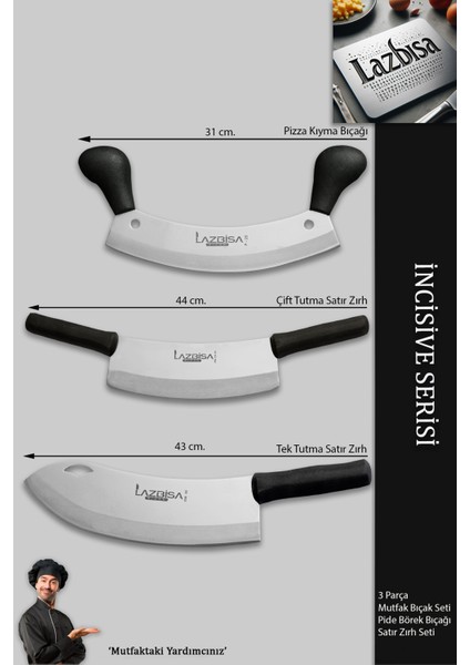 İncisive Serisi Mutfak Bıçak Seti Zırh Bıçağı Kıyma Pizza Satırı Kıyma Doğrayıcı 3 Lü Set (MFT-786)