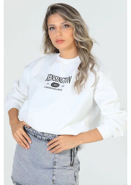 Kadın Bisiklet Yaka Üç Iplik Şardonlu Baskılı Sweatshirt