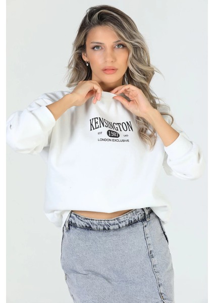 Kadın Bisiklet Yaka Üç Iplik Şardonlu Baskılı Sweatshirt