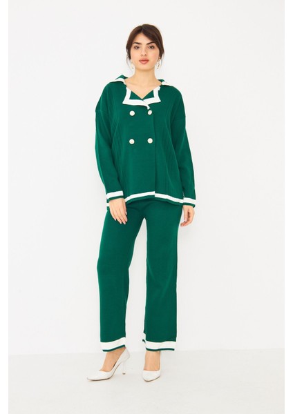 Kadın Dört Düğmeli Ceket Yaka Triko Kumaş Hırka ve Yüksek Bel Pantolon Ikili Triko Takım