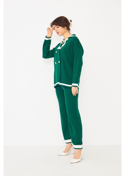 Kadın Dört Düğmeli Ceket Yaka Triko Kumaş Hırka ve Yüksek Bel Pantolon Ikili Triko Takım fiyatları