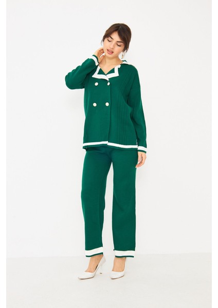 Kadın Dört Düğmeli Ceket Yaka Triko Kumaş Hırka ve Yüksek Bel Pantolon Ikili Triko Takım modelleri