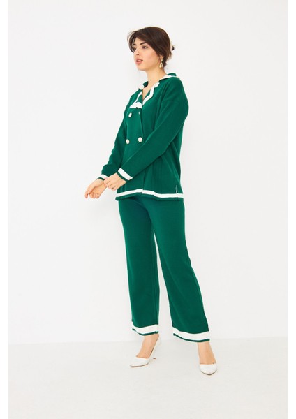 Kadın Dört Düğmeli Ceket Yaka Triko Kumaş Hırka ve Yüksek Bel Pantolon Ikili Triko Takım fırsatları