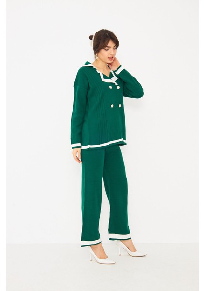Kadın Dört Düğmeli Ceket Yaka Triko Kumaş Hırka ve Yüksek Bel Pantolon Ikili Triko Takım indirimleri