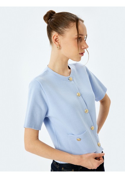 Kısa Kollu Bisiklet Yaka Cep Detaylı Düğmeli Triko Hırka