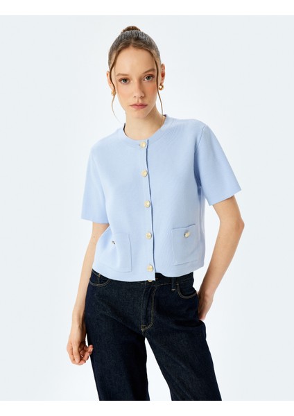 Kısa Kollu Bisiklet Yaka Cep Detaylı Düğmeli Triko Hırka fiyatları