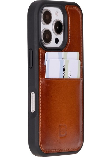 Apple iPhone 16 Pro Uyumlu, Deri, El Yapımı Kart Yuvalı Kılıf, Gölgeli Taba