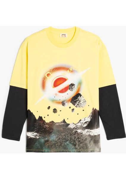Tişört Uzun Kollu Uzay Baskılı Bisiklet Yaka Pamuklu
