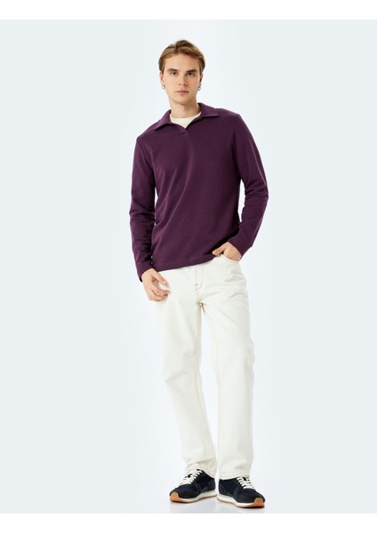 Uzun Kollu Pamuk Karışımlı Basic Polo Yaka Sweatshirt