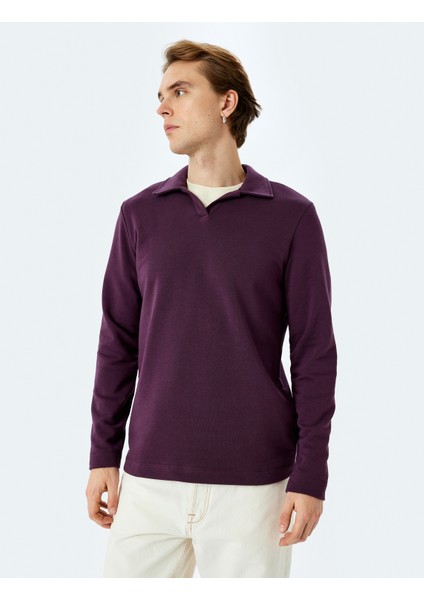 Uzun Kollu Pamuk Karışımlı Basic Polo Yaka Sweatshirt