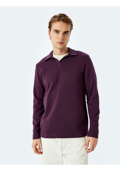 Uzun Kollu Pamuk Karışımlı Basic Polo Yaka Sweatshirt