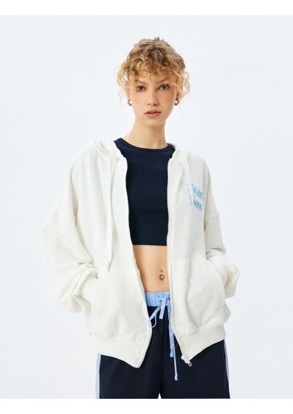 Kapüşonlu Arkası Baskılı Fermuarlı Sweatshirt