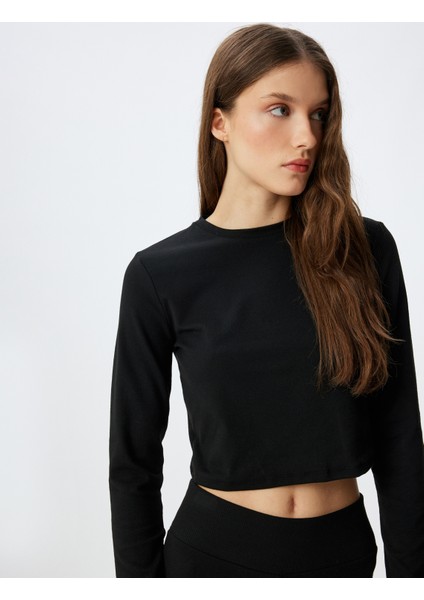 Crop Örme Pijama Üstü Rahat Kalıp Uzun Kollu Bisiklet Yaka