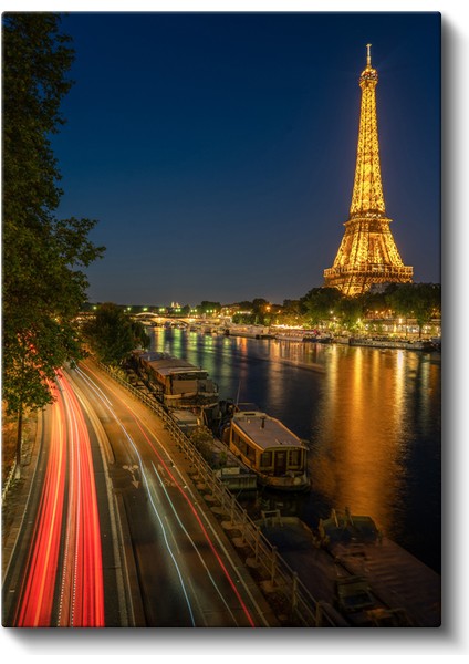 Gece Paris ve Işıklandırılmış Eyfel Kulesi Kanvas Tablo