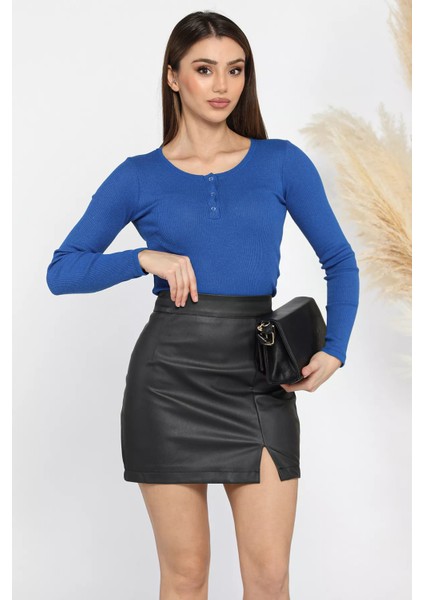 Kaşkorse Likralı Ön Çıtçıtlı Crop Top Bluz