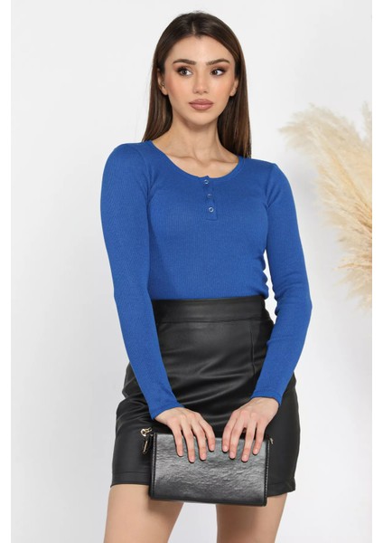 Kaşkorse Likralı Ön Çıtçıtlı Crop Top Bluz