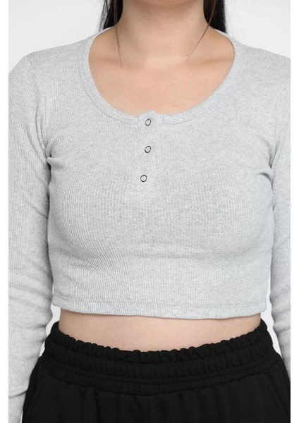 Kaşkorse Likralı Ön Çıtçıtlı Crop Top Bluz