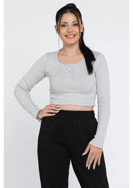 Kaşkorse Likralı Ön Çıtçıtlı Crop Top Bluz