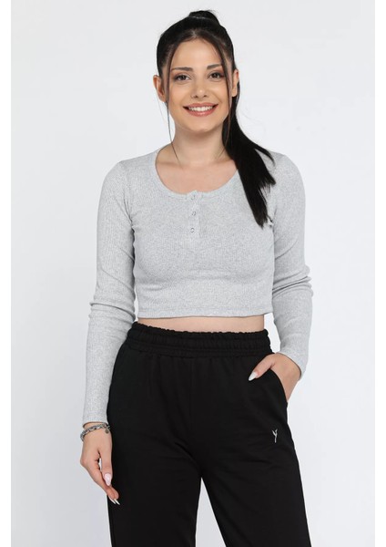 Kaşkorse Likralı Ön Çıtçıtlı Crop Top Bluz