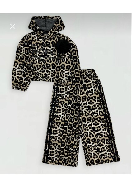 Kız Çocuk Çiçek Aksesuarlı Leopar Eşofman Takımı