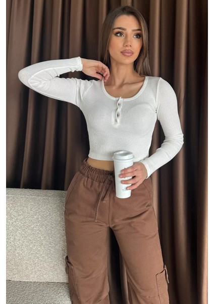 Kaşkorse Likralı Ön Çıtçıtlı Crop Top Bluz