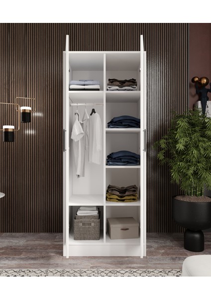 %100 Mdf 2 Kapaklı 2 Çekmeceli 7 Raflı ve 1 Askı Borulu Elbise Dolabı Cabinse Soft Beyaz Meşe