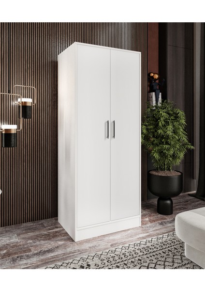 %100 Mdf 2 Kapaklı 2 Çekmeceli 7 Raflı ve 1 Askı Borulu Elbise Dolabı Cabinse Soft Beyaz Meşe modelleri