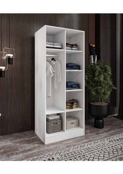 %100 Mdf 2 Kapaklı 2 Çekmeceli 7 Raflı ve 1 Askı Borulu Elbise Dolabı Cabinse Soft Beyaz Meşe fırsatları