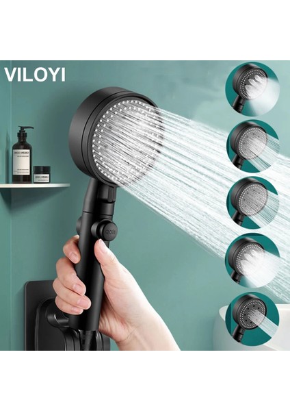 Gümüş Taban Tarzı Vıloyı 5 Modlu Duş Başlığı El Büyük Yağış Su Tasarruflu Duş Başlığı Tek Anahtar Durdurma Su Masajı Banyo Duş Başlığı (Yurt Dışından)