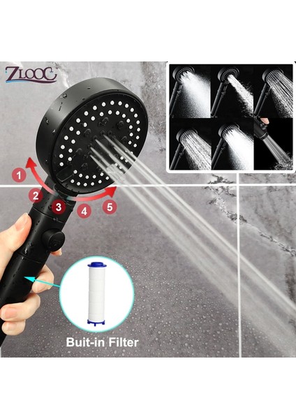 Gri ve Filtre Stili Zloog 5 Modu Ayarlanabilir Siyah Banyo Duş Başlığı Yüksek Basınçlı Su Tasarruflu Duş Başlığı Durdurma Düğmesi ile Pamuk Filtre Duş (Yurt Dışından)