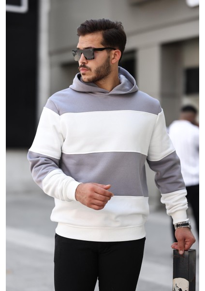 Açık Gri Beyaz Blok Parçalı Overisize Kapşonlu Üç Iplik Sweatshirt- 2316