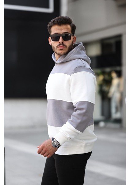 Açık Gri Beyaz Blok Parçalı Overisize Kapşonlu Üç Iplik Sweatshirt- 2316 fiyatları