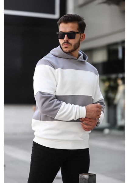 Açık Gri Beyaz Blok Parçalı Overisize Kapşonlu Üç Iplik Sweatshirt- 2316 modelleri