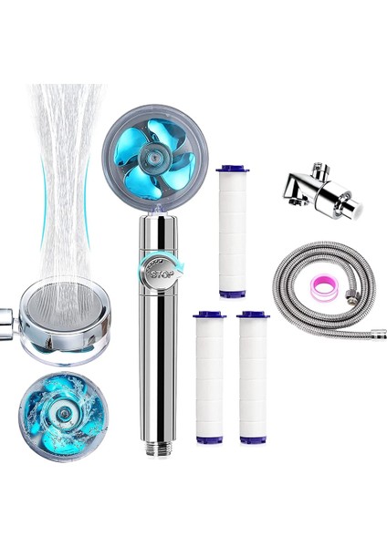Mavi ve 3 Filtre Stili Sıcak Duş Başlığı Yüksek Basınçlı Duş Dereceleri Küçük Fan Pervane Duş Başlığı ile Dönen Banyo Aksesuarları (Yurt Dışından)